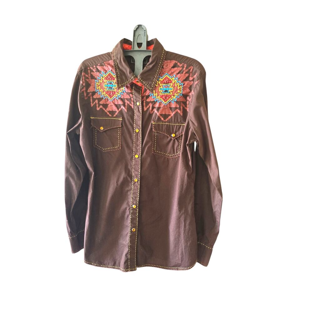 Cowgirl Up Needlepoint Design  Rhinestone Snap Front Western Shirt Size L